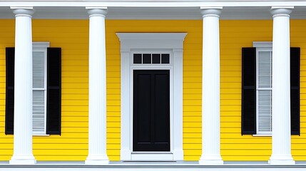 Yellow house with black door, white columns, and shutters.