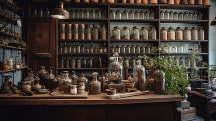 Antique Apothecary Shop Interior with Glass Jars and Herbs