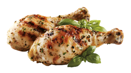 Grilled chicken legs with basil leaves on transparent background for cooking and food concept.