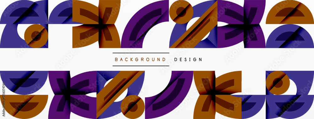 Poster Abstract geometric background with shapes, featuring circular and rounded elements. Bold contrast, smooth gradients, dynamic composition, futuristic style