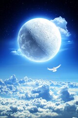 A serene moonlit sky with a glowing moon and a bird soaring through clouds