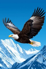 Obraz premium A majestic bald eagle soaring over snow-capped mountains under a clear blue sky