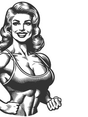 smiling, muscular woman in a sports bra, symbolizing strength, fitness, confidence, and empowerment sketch engraving generative ai raster illustration. Scratch board imitation. Black and white image.