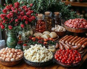 A lavish arrangement showcases various foods for a feast presentation
