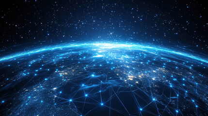 Blue, glowing light lines on Earth from space, a global network concept with the planet Earth and a starry sky background
