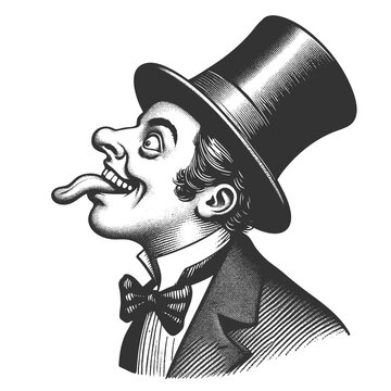 recommend clip art: Silly stupid facial expression gentleman with curled mustache and top hat sticking out his tongue sketch engraving generative ai raster illustration. Scratch board imitation. Black and white image.