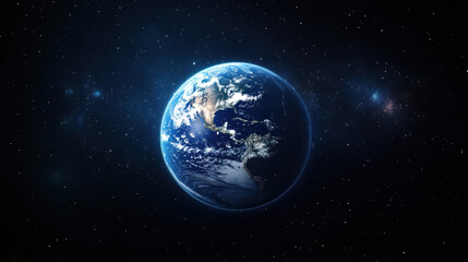 The Earth in space, glowing blue and white, with stars in the background