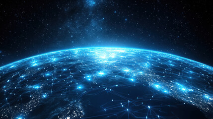 Obraz premium Blue, glowing light lines on Earth from space, a global network concept with the planet Earth and a starry sky background
