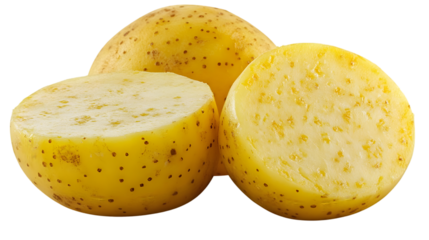 Golden yellow cheese wheels with scattered small holes on a transparent backdrop
