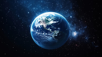 The Earth in space, glowing blue and white, with stars in the background