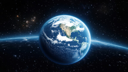 Fototapeta premium The Earth in space, glowing blue and white, with stars in the background