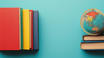Fototapeta premium A globe surrounded by books on a blue background representing global entrepreneurship without borders