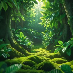 Lush green forest background, high detail foliage, soft sunlight filtering through dense leaves, moss-covered ground