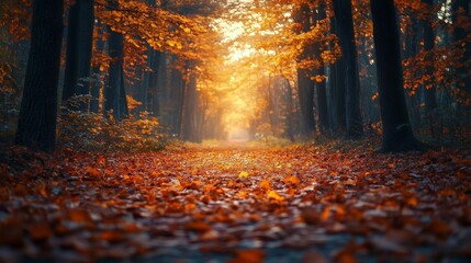 Vibrant autumn pathway through the forest with leaves in warm hues illuminated by sunlight