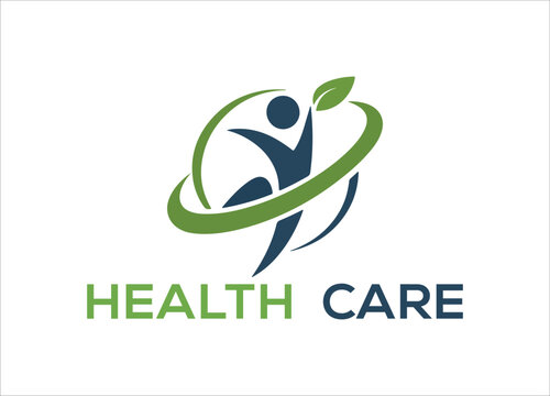Modern healthcare logo featuring an abstract human figure with a green swoosh and leaf, symbolizing wellness and vitality. Ideal for medical, fitness, and wellness branding.