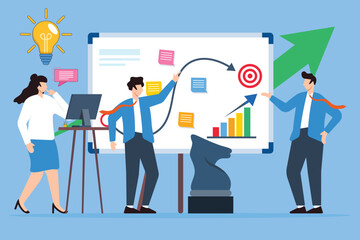 Vector illustration of team developing sales strategy with sticky notes on whiteboard revenue growth vector file illustration