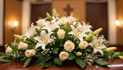 Obraz premium Solemn funeral flower stand with white roses and lilies, remembrance