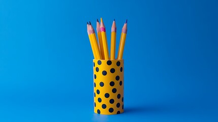 Yellow polka dot pencil holder with colored pencils on blue background.