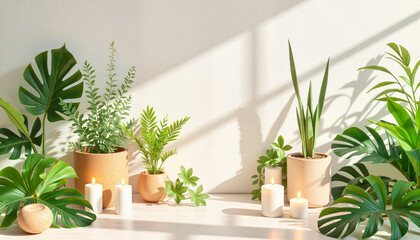 Tranquil herbal meditation space with candles and plants, serenity