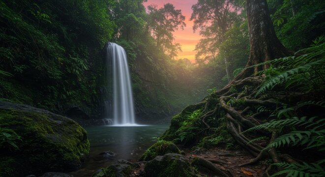Minimalist Hidden Forest Waterfall in Pulau Muna with Negative Space at Dusk