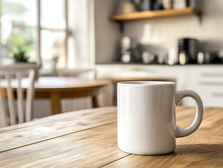 Empty white mug on a wooden table in a bright kitchen