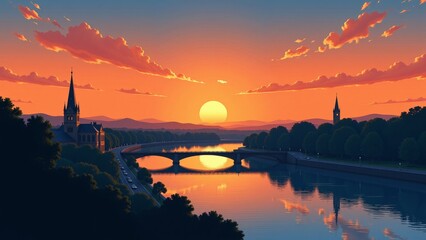 Naklejka premium Confluence Sunset in France Lyon showcases vibrant sunset over calm river, lush landscape, silhouetted church. Concept of Confluence Sunset in France Lyon captures serene beauty. 