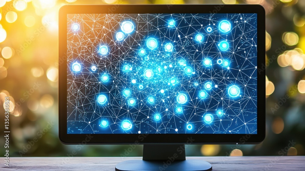 Poster computer screen displaying a complex network of connected dots representing interactive courseware p