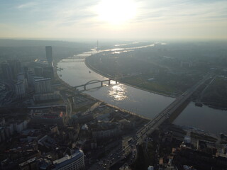 Aerial view of Belgrade downtown in the evening. The capital of Serbia. Europe.
