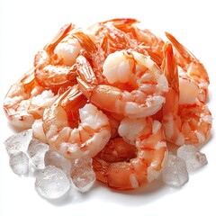 Fresh shrimp on ice, vibrant orange and white colors, arranged aesthetically.