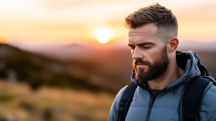 A man with a beard stands thoughtfully on a hillside, gazing downward against a stunning sunset backdrop. The warm hues illuminate the landscape and create a serene atmosphere around him.