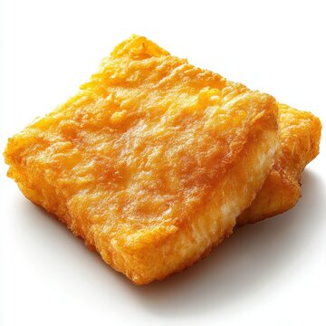 Golden crispy fried fish fillet on a white background.