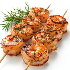 Delicious skewers of grilled shrimp garnished with fresh herbs.