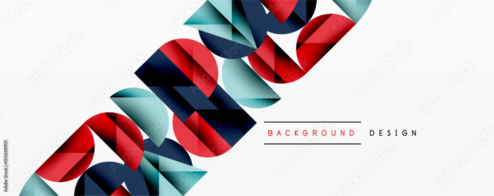 Poster Abstract geometric background with layered gradient shapes forming dynamic patterns. Overlapping semi circles and triangles create depth and contrast