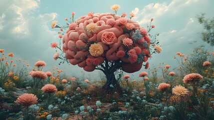Fiery Blossoms in Bloom: A Glowing Tree with Vibrant Coral Flowers and Fiery Petals Scattered in the Air, Against a Fiery Sky