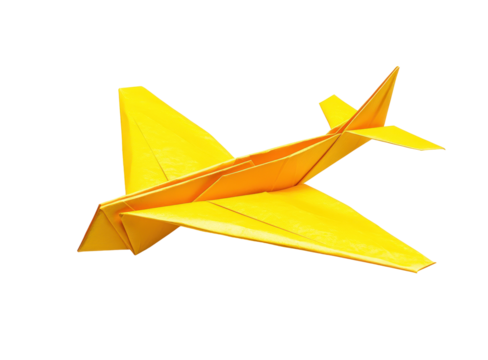 Yellow paper airplane soaring on transparent background, ready for launch