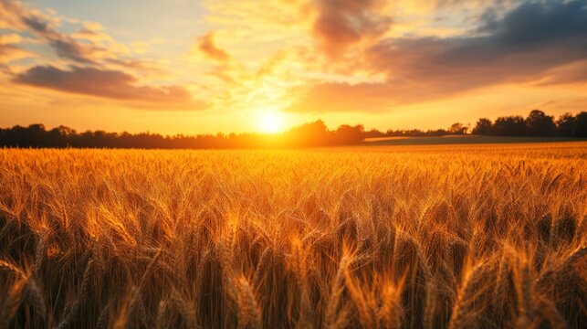 Golden wheat field illuminated by a vibrant sunset with dramatic clouds in the sky