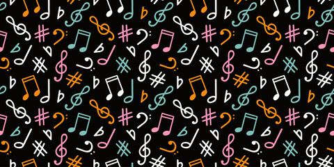 Music signs seamless pattern, accidental, note symbols background. Hand drawn doodle style vector graphics, illustration