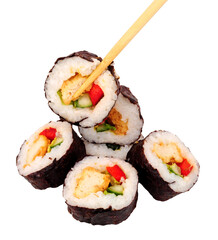 Group of chicken katsu dragon seaweed wrapped rice rolls with red pepper and cucumber isolated on a white background