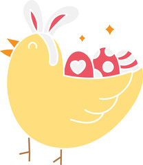 boho groovy easter Cute chick carrying decorated eggs for Easter celebration. in doodle flat color style