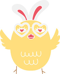 boho groovy easter Yellow chick with bunny ears and heart-shaped glasses. in doodle flat color style