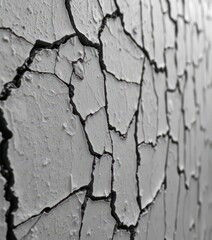 Obraz premium Monochrome close-up of a wall with a network of surface cracks, showing distressed texture, surface, rustic, cracked wall