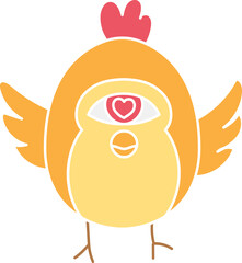 boho groovy easter Cute cartoon bird with a heart-shaped eye and colorful wings. in doodle flat color style