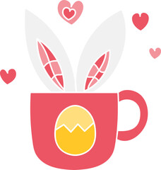 boho groovy easter Cute cup with bunny ears and hearts, perfect for Easter themes. in doodle flat color style