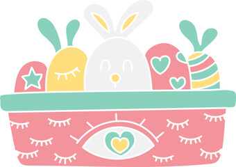 boho groovy easter Colorful basket with decorated eggs and a bunny illustration. in doodle flat color style