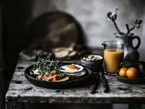 Rustic brunch table with eggs, toast, coffee and juice, editorial setup with warm tones and natural light, ideal for food blog headers and breakfast themes.