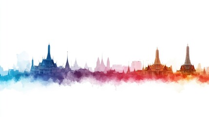 Colorful watercolor skyline of Bangkok temples