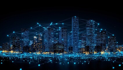 Visionary Smart Cityscape Illuminated by Vibrant Blue Network Connections Highlighting Advanced IoT Applications Futuristic Infrastructure and Sustainable Urban Planning Perfect for Exploring Modern T