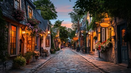 Fototapeta premium Cobblestone street lined with cozy shops and blooming flowers at twilight in a quaint village
