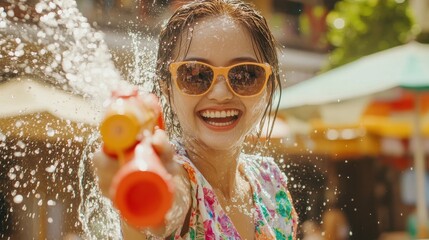 Happy Woman Playing with Water Gun Summer Fun Water Splash