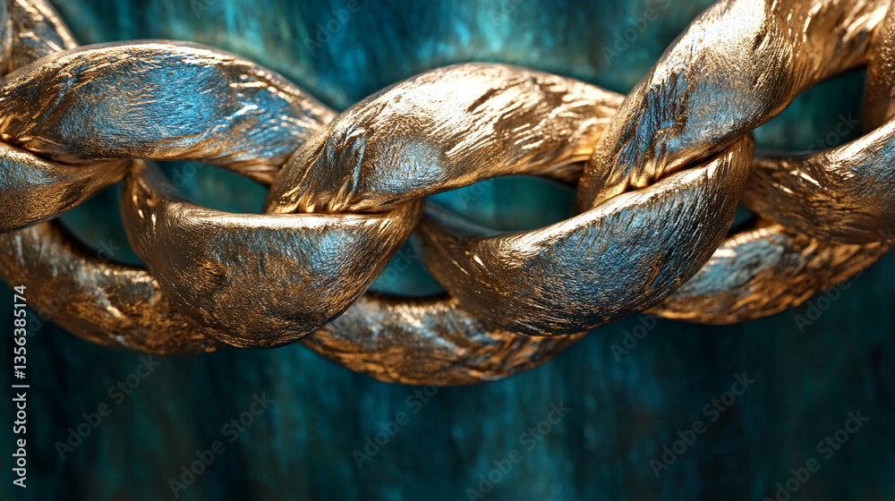 Poster close-up of a gold chain texture, showcasing interlinked links against a teal background, symbolizin